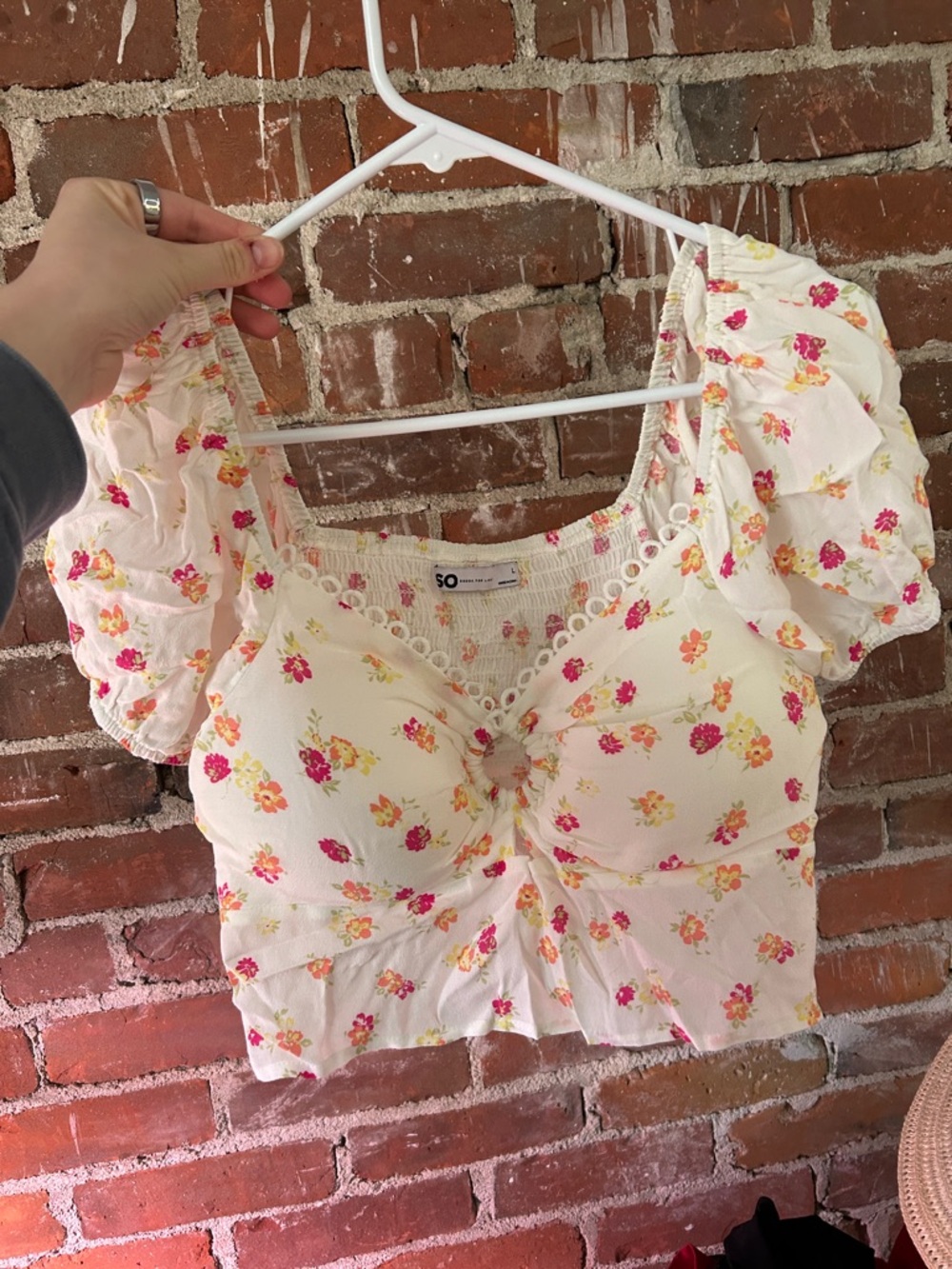 SO Cream Floral Puff Sleeve Cropped Top with Pink and Yellow Blossoms